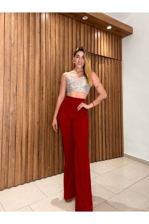 Pantalon blanco-rojo bota ancha